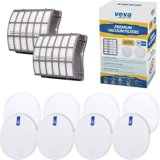 VEVA Complete Premium Vacuum Filter Set Including 2 HEPA, 4 Foam, 4 Felt Filters 10 Pieces Total for Shark Navigator Rotator Professional Upright Model NV70, NV71, NV80, NVC80C, NV90, NV95 & UV420