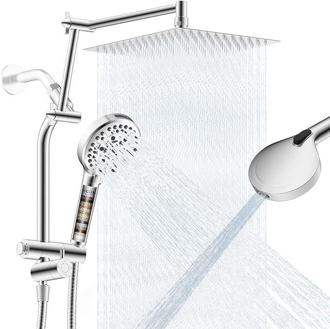 12" All-Metal High-Pressure Rain Shower Head with Handheld - 10-Spray Power Wash with Filter Element, Easy Reach 4-Way Diverter and Adjustable Holder, Flexible 16" Extension Arm and 71" Hose, Chrome