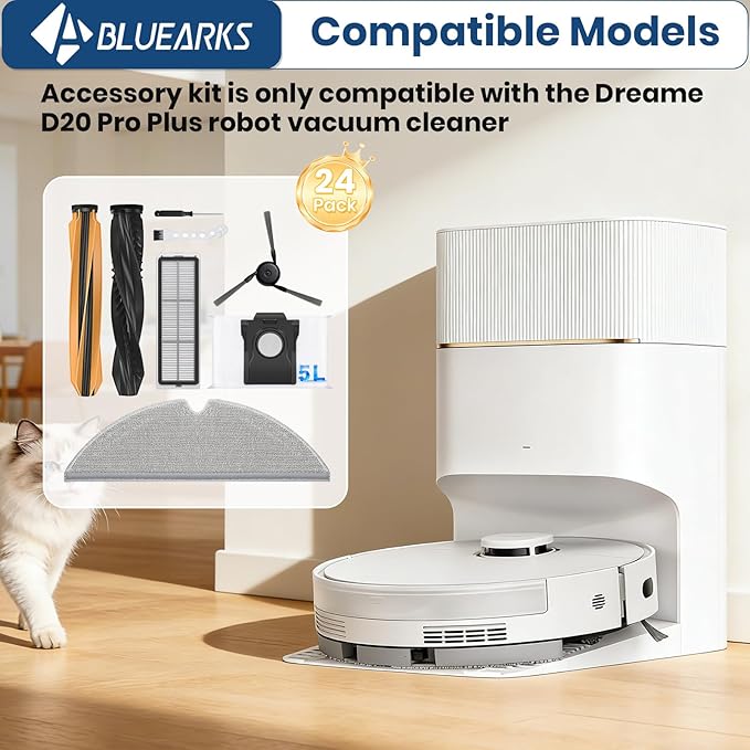 24 Pack D20 Pro Plus Accessories Kit,Only Compatible with Dreame D20 Pro Plus Robot Vacuum,2 Main Brush,4 Mop Pads,4 HEPA Filter,6 Side Brush,6 Dust Bags【Not for D20 Plus】