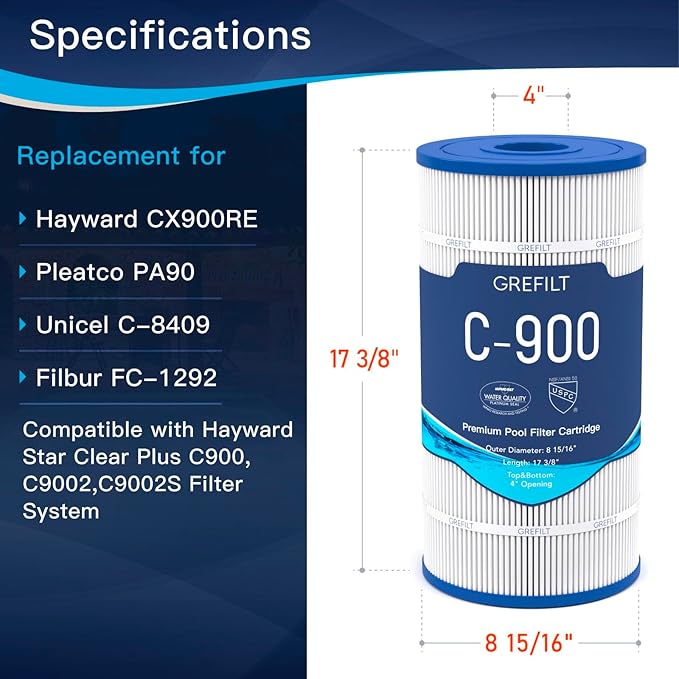 C900 Pool Filter Cartridge, Compatible with Hayward C900, CX900RE, Replaces Pleatco PA90, Unicel C-8409, Filbur FC-1292, Sta-Rite PXC95, 90 sq.ft, Size: 17 3/8" x 8 15/16"