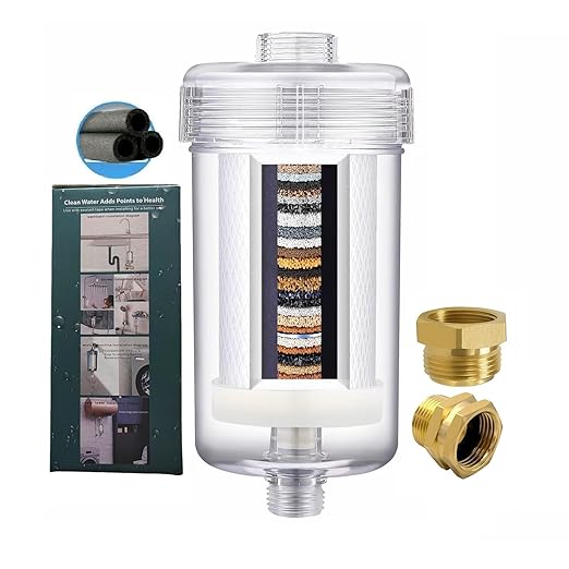 2 Micron High Flow Washing Machine Water Filter, Visible Washer Water Filter System, 99.5% Removal of Chlorine Fluoride, Heavy Metals, Scale, Clothes Yellowing, Reduces Dry Skin, Carbon Shower Filter