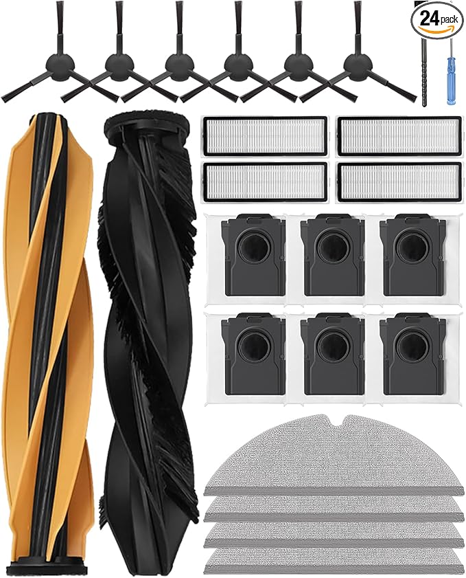 D20 Plus Accessories for Dreame robot Vacuum Cleaner, replacement parts include: 2 Main Brushes, 6 Side Brushes, 4 HEPA Filters,6 Dust Bags,4 Wipes,1 cleaning brush,1 Screwdriver-Yivy 24 pcs