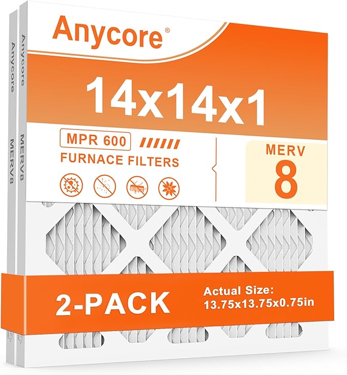 14x14x1 Air Filter 2 Pack MERV 8 HVAC AC Furnace Pleated Air Filters for Home Office MPR 600 FPR 5 (Actual Size: 13.75x13.75x0.75 inch)