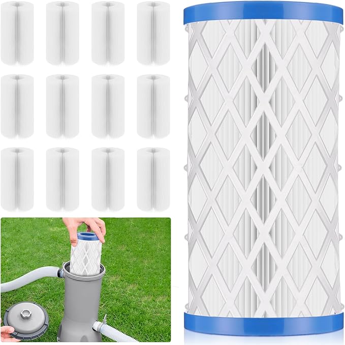 12 Pack Universal Pool Filters Type A Type C or III, Replacement for Pool Filter Cartridge Pump, Reusable Pool Filter Type A/C for Above Ground Swimming Pools, Efficient Filtration & Keep Water Clean