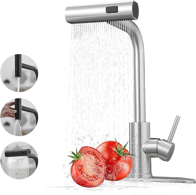 Kitchen Faucets with Pull Down Sprayer,Waterfall Kitchen Sink Faucet,Commercial Utility Stainless Steel Kitchen Faucets,Single Handle Kitchen Sink Faucet with Pull Down Sprayer for 3 Function,Brushed