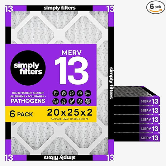 Simply 20x25x2 Air Filter, MERV 13, 6 Pack, Furnace Air Filter for HVAC (Actual Size: 19.5"x24.5"x1.75") DUST, Pet & Allergy Control