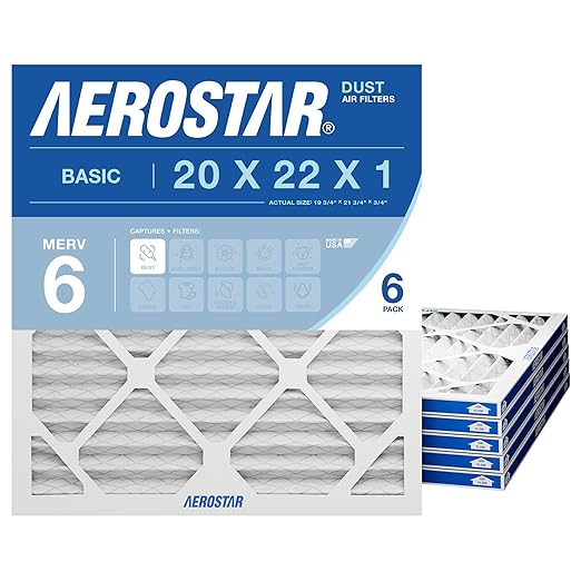 Aerostar 20x22x1 MERV 6 Air Filter, 6 Count, ACTUAL SIZE (19.75 x 21.75 x 0.75), HVAC, Air Conditioning & Furnace Filter for Dust, Lint & Pollen Control (MPR 300 / FPR 3), Made in USA