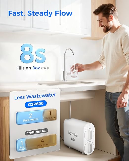 Waterdrop G2P600 Reverse Osmosis System, TDS Reduction, 7 Stage Water Filtration, NSF/ANSI 372 Certified, 600 GPD Tankless RO Water Filter System, Under Sink, 2:1 Pure to Drain