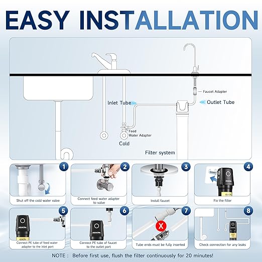 AQUALTRA USF01-BKF Under Sink Filter System, 12K Gal with Faucet, NSF/ANSI/CAN 372 Certified, Reduce PFOA, PFOS, Chlorine, Lead, Mercury, Chloramine, Fluoride, Microplastic Particles, Bad Taste & Odor