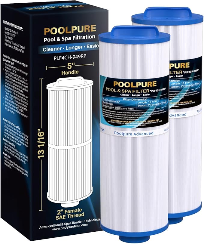 POOLPURE 4CH-949 Spa Filter Replaces Pleatco PWW50L, 200702, fil50-5d13h15fct-3, Filbur FC-0172, SD-01143, 817-4050, Waterway Teleweir 50,50 sq.ft Filter Cartridge with Built-in Dispenser, 2 Pack