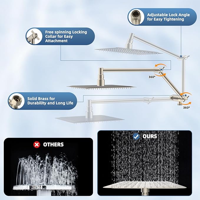 All Metal Rain Shower Head, 8” High Pressure Rainfall Shower Head with Handheld Spray, 5" Large Handheld Showerhead Powerful Clean 10-Mode, 16" Stainless Steel Adjustable Extension Arm, Brushed Nickel