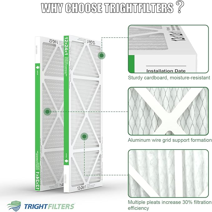 TRIGHTFILTERS 12x24x1 Air Filter 4 Pack, MERV 8 Pleated Dust Defense Air Filters Replacement Air Conditioner HVAC AC Furnace Filter, Durable and Lightweight