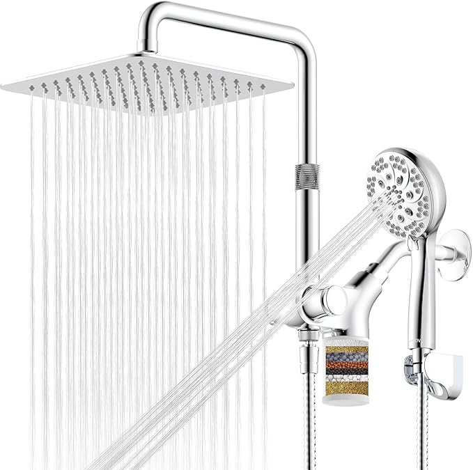 Ryamen Upgraded Dual Shower Heads Combo, 10 inch Filtered Shower Head with Handheld, 3-Way Rain Shower Head with Filters, 7 Settings Handheld Spray, High Pressure, Height Adjustable (Silver)
