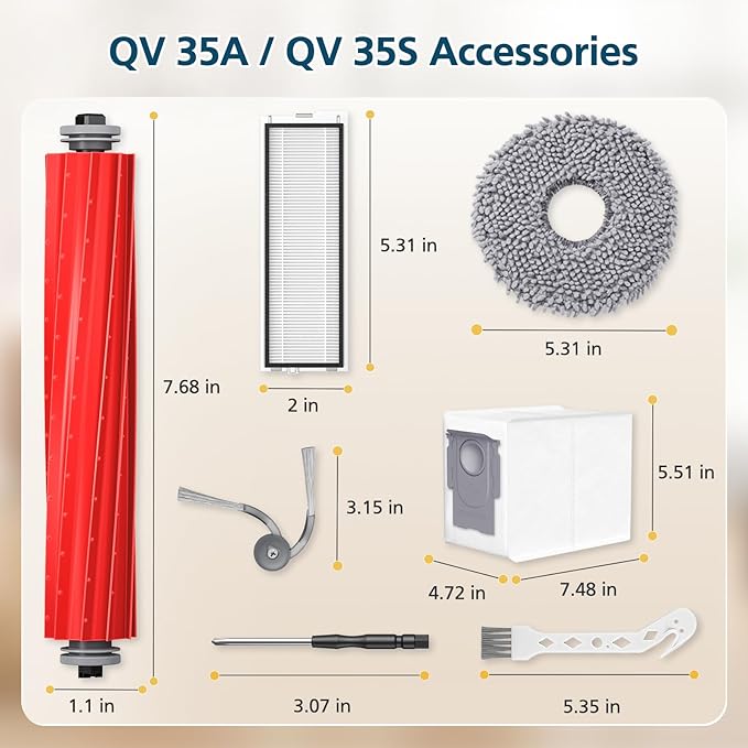 QV 35A Replacement Accessories for Roborock QV 35A / QV 35S / Qrevo S Pro Robot Vacuum, 2*Main Brush, 6*Side Brush, 4*Filters, 6*Mop Pads, 6*Dust Bag, 2*Tools