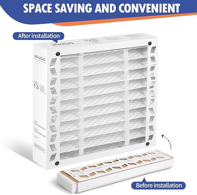 DerBlue 2PACK 16x25x5 MERV 13 Furnace Filter Replacement Compatible with Lennox X6670 HCF16 Pleated HVAC,Foldable Design for Easy Installation & Space-Saving(Actual Size: 15.75 x 24.75 x 4.38in)