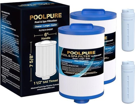 POOLPURE 6CH-940RP Removable Handle Spa Filter Replaces PWW50P3(1 1/2" Coarse Thread), 6CH-940, 817-0050, Filbur FC-0359, 25252, with Built-in Chlorine Dispenser, Screw in SAE Thread Filter 2Pack