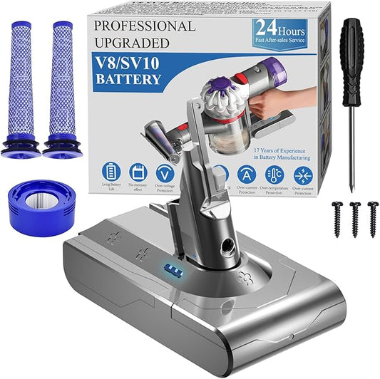 Upgraded 10000mAh Replacement for Dyson V8 Battery Replacement SV10 SV25, 21.6V Compatible with Dyson V8 Animal Absolute Motorhead Fluffy Cordless Handheld/Stick Vacuum Cleaners 215681 967834