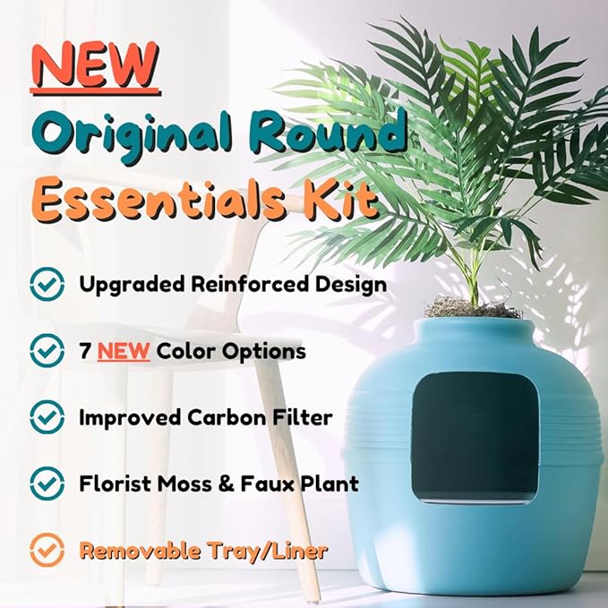 Good Pet Stuff Hidden Litter Box Planter, Decorative Cat Litter Enclosure with Carbon Filter & Faux Plant, Made in USA, Removable Liner, Odor Control, NEW Round Style, Essentials Kit, Coastal Blue