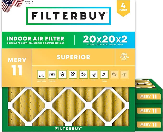 Filterbuy 20x20x2 Air Filter MERV 11 Superior Pet & Allergy Defense (4-Pack), Electrostatic Pleated HVAC AC Furnace Filters Replacement, Made in USA (Actual Size: 19.50 x 19.50 x 1.75)