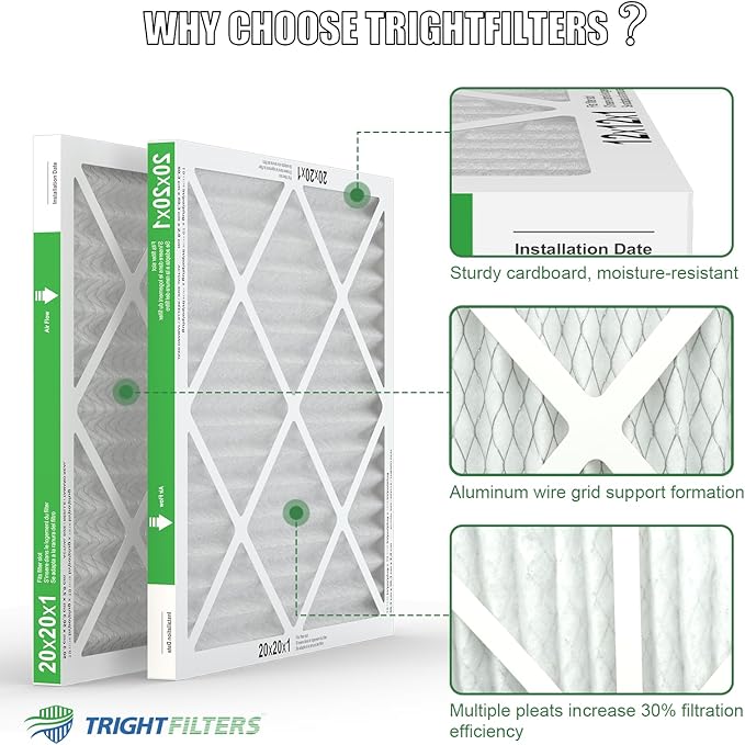 TRIGHTFILTERS 20x20x1 Air Filter 6 Pack, Durable MERV 8 Pleated Home HVAC AC Furnace Filters, Lightweight Compact Air Conditioner Filter Replacement