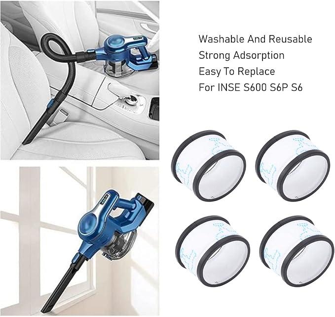 Vacuum Cleaner Replacement HEPA Filter, 4-Pack, Compatible with S600 S6, Washable and Reusable, Easy Installation (White)