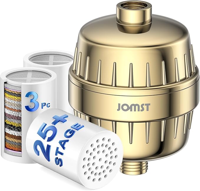 25 Stages Shower Filter with 3 Cores - Maximize Shower Sediment Filtration & Reduce 97.45% Chlorine in Shower Water - For Softer Skin & Shinier Hair - Gold