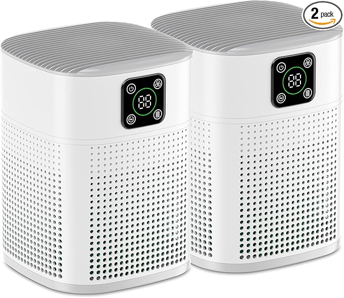 2 Pack Air Purifiers for Home Bedroom up to 2190ft², Honeyuan H13 HEPA Air purifier for pets with 360°Air Intake, 3 Fan Speeds, White