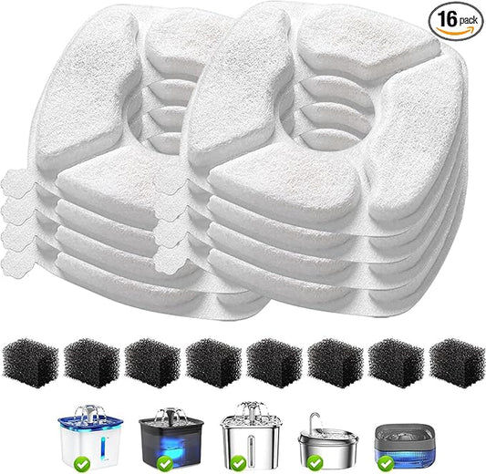16 Pcs Cat Water Fountain Replacement Filters-8 Pack Cat Fountain Filters with 8 Pack Sponges, Enhanced Compatibility Pet Fountain Filter Fit for 95oz/2.8L 135oz/4L 67oz/2L Pet Drinking Fountain