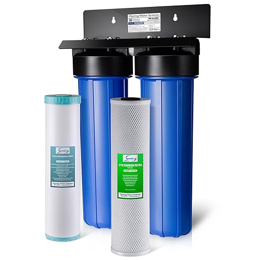 iSpring Iron, Mangaese Whole House Water Filter System Also Eliminates Chlorine, Taste, and Odor, 2-Stage Commercial-Grade 20" x 4.5" Industry Standard-Sized Filters, 1" Inlet/Outlet, Model: WGB22BM