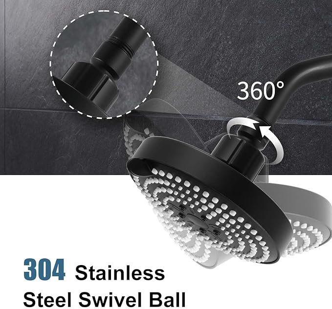 OFFO Shower Head, High Pressure Shower Head with 6 Mode, Fixed Showerheads for Strong Water Flow & Relaxing Shower Experience, Matte Black