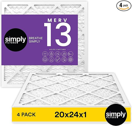 Simply 20x24x1 Air Filter, Merv 13, 4 Pack, For Home AC Furnace & HVAC (Actual Size: 19.75"x23.75"x0.75") DUST, Pet, & Allergy Control