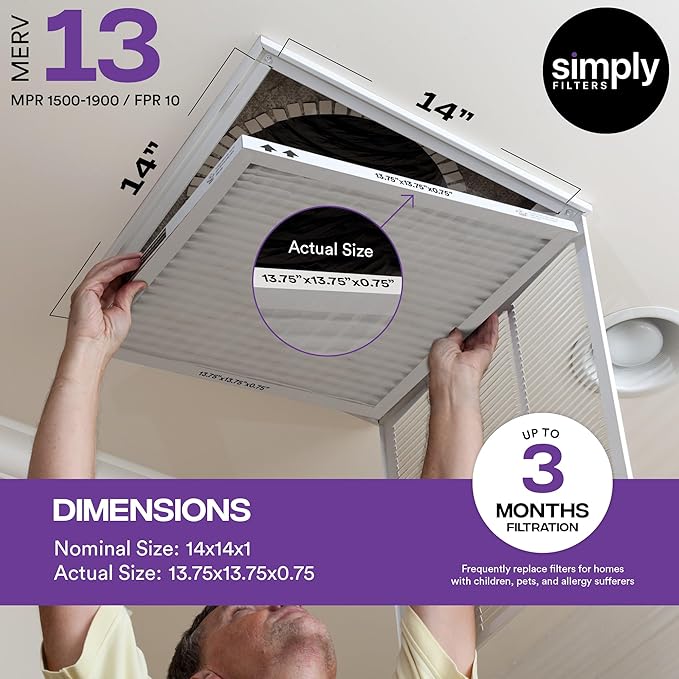 Simply 14x14x1 Air Filter, MERV 13, 12 Pack, For Home AC Furnace & HVAC (Actual Size: 13.75"x13.75"x0.75") DUST, Pet, & Allergy Control