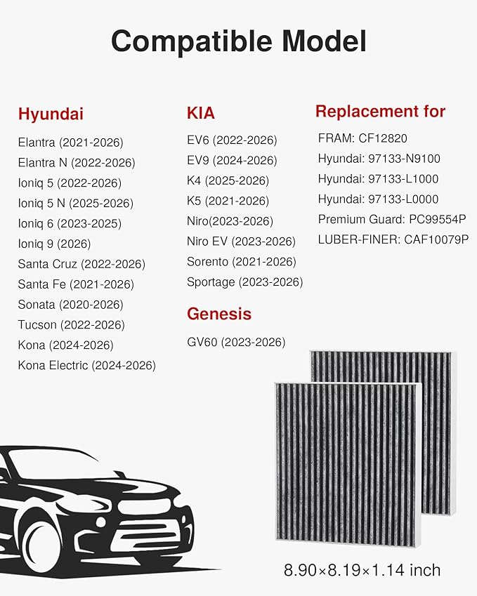 Puroma Cabin Air Filter with Activated Carbon, Replacement for CF12820, Compatible with Hyundai Elantra, Ioniq, Santa Cruz, Santa Fe, Sonata, Tucson, KIA K5, Niro, Sorento, Sportage, Genesis GV60