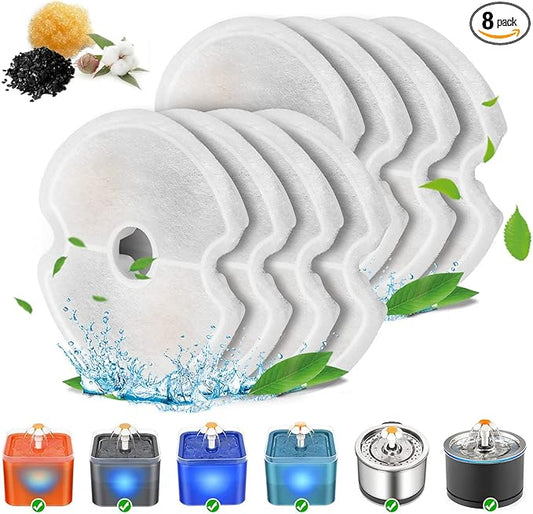 8 Packs Replacement Filters for 84oz/2.5L Stainless Steel and Neverland Cat Water Fountain with LED Night Light