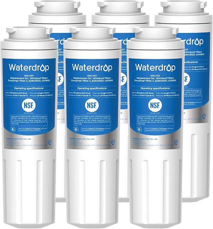Waterdrop EDR4RXD1 Replacement for EveryDrop® Filter 4, Whirlpool® UKF8001, 4396395, Maytag® UKF8001AXX-200, UKF8001AXX-750, WD-F07, Refrigerator Water Filter, 6 Filters
