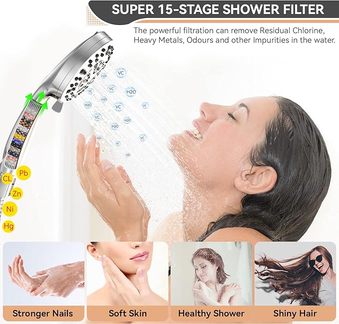 2 Pack Shower Filter Cartridge, JNILE 15 Stage Replacement Shower Filter for Hard Water, High Output Universal Replacement Filter Cartridge, Remove Chlorine Heavy Metals and Sediments
