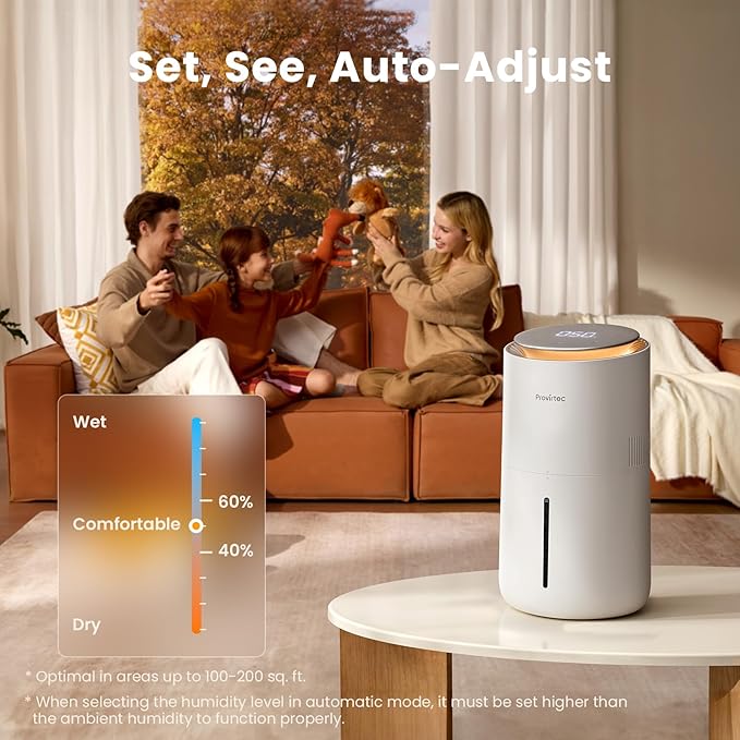 Provirtec MistFree Evaporative Humidifier for Bedroom, 3L No White Dust for Sensitive Individuals, Auto Humidity Control, Works with Tap Water, Night Light, Easy Clean Tank for Home & Small Room