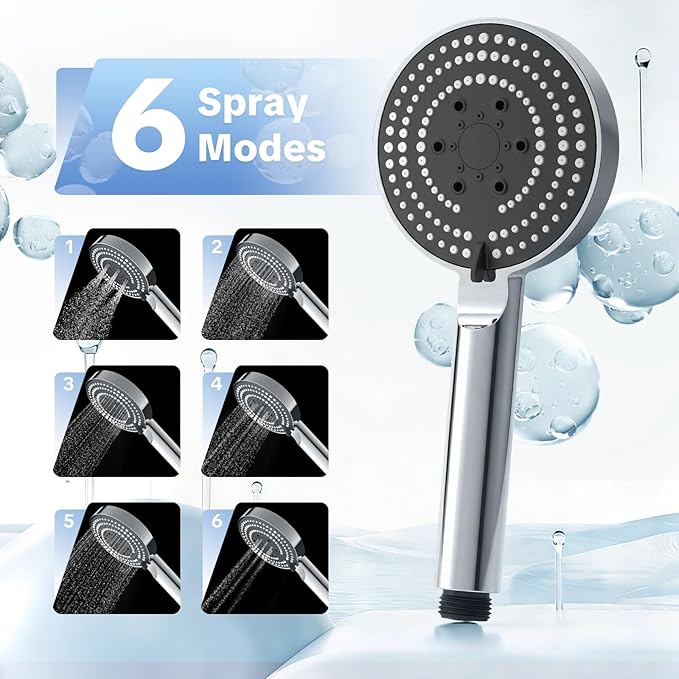 OFFO High Pressure Shower Wand with Filter, 20 Stage Handheld Shower Head with Filters for Hard Water, 6-Mode Shower Head to Remove Chlorine, Chrome