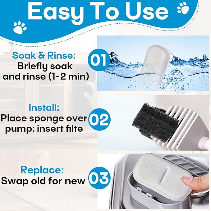 16+16 Packs Cat Water Filters Replacement for 108Oz/3.2L & 67Oz/2L Stainless Steel Pet Water Dispenser, Cat/Dog Indoor Water Dispenser Fountain for Most Pet Water Fountains 16 Filters & 16 Sponges