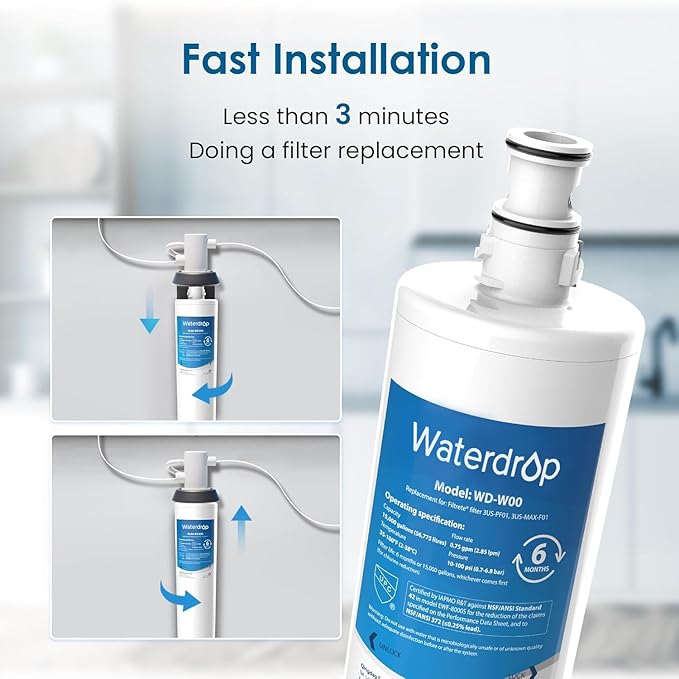 Waterdrop 3US-MAX-F01, 3US-PF01 Under Sink Water Filter, Replacement for Filtrete® 3US-PF01, Maximum 3US-MAX-F01, 3US-PS01, 3US-MAX-S01, Manitowoc K-00338, NSF/ANSI 42 Certified, 3 Pack