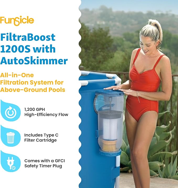 Funsicle FiltraBoost 1200S Pool Pump with AutoSkimmer, 2-in-1 Filter Pump & Skimmer, 1200 GPH, Includes Type C Filter Cartridge & GFCI Plug