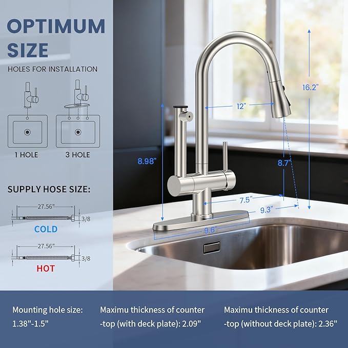 FEELSO Filter Kitchen Faucet, Stainless Steel Pull Down Sprayer, Reduces Lead Chlorine, High Arc 1 or 3 Hole Farmhouse Sink Faucet