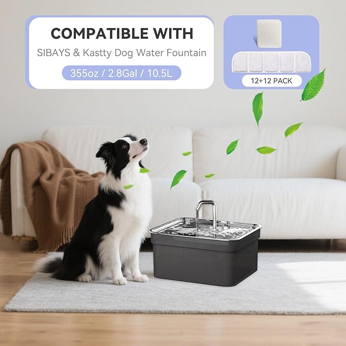 24 Pack Replacement Filter for SIBAYS & Kastty 355oz / 2.8Gal / 10.5L Large Dog Water Fountain(FS70), 12 PCS Coconut Shell Activated Carbon Pet Water Fountain Filters with 12 Pack Sponges(P/N:L07)