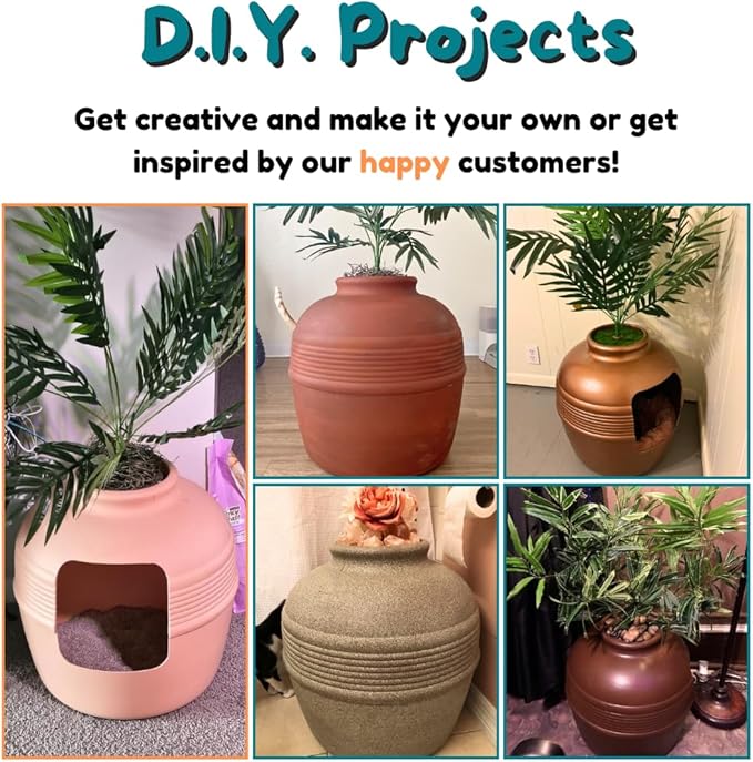Good Pet Stuff Hidden Litter Box Planter, Decorative Cat Litter Enclosure with Carbon Filter & Faux Plant, Made in USA, Odor Control, Improved Design, NEW Round Style, Base Kit, Blush Pink