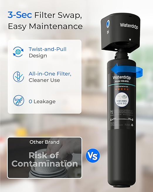 Waterdrop 15UB Under Sink Water Filter System, Reduces PFAS, PFOA/PFOS, Lead, Chlorine, Bad Taste & Odor, NSF/ANSI 42 Certified, Under Sink Water Filter with Faucet, 2 Years