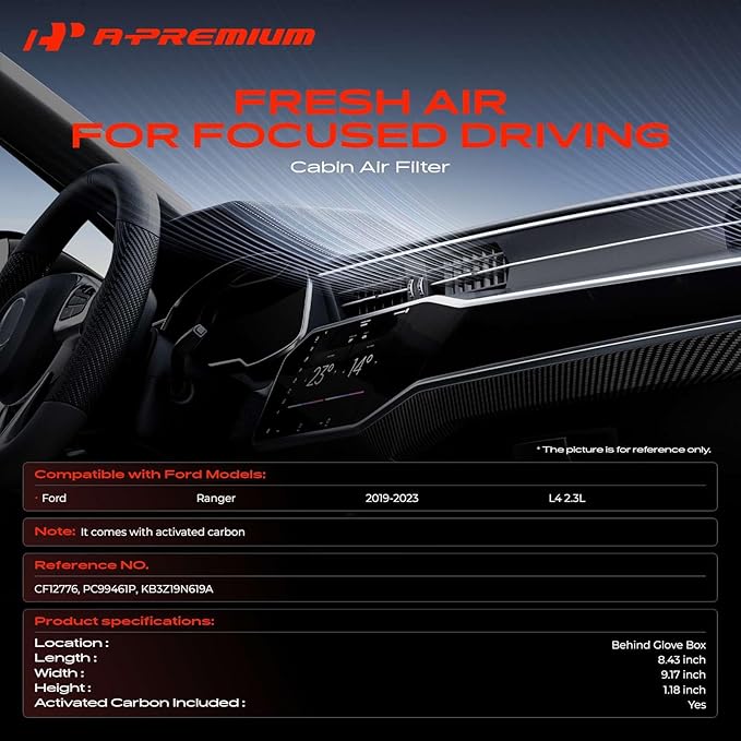 A-Premium Cabin Air Filter with Activated Carbon Compatible with Ford Ranger 2019 2020 2021 2022 2023 2.3L, Replace# KB3Z19N619A