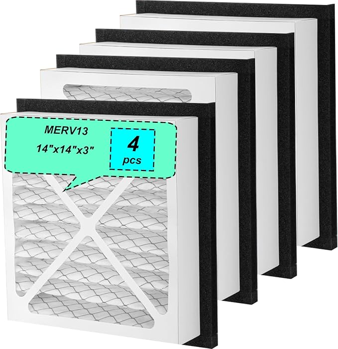 4Pack Upgraded 14''x14''x3'' MERV 13 Air Filter Pleated Whole House Replacements are perfectly Compatible with the Zephyr VGF Series Whole House Return Grille 14x14x3 Air Filter