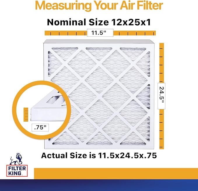 Filter King 12x25x1 Air Filter (MERV 13) (4-Pack) Dust & Allergy Control AC Furnace Filters, MADE IN USA, HVAC, Pleated, Electrostatic (Actual Size: 11.5 x 24.5 x .75)