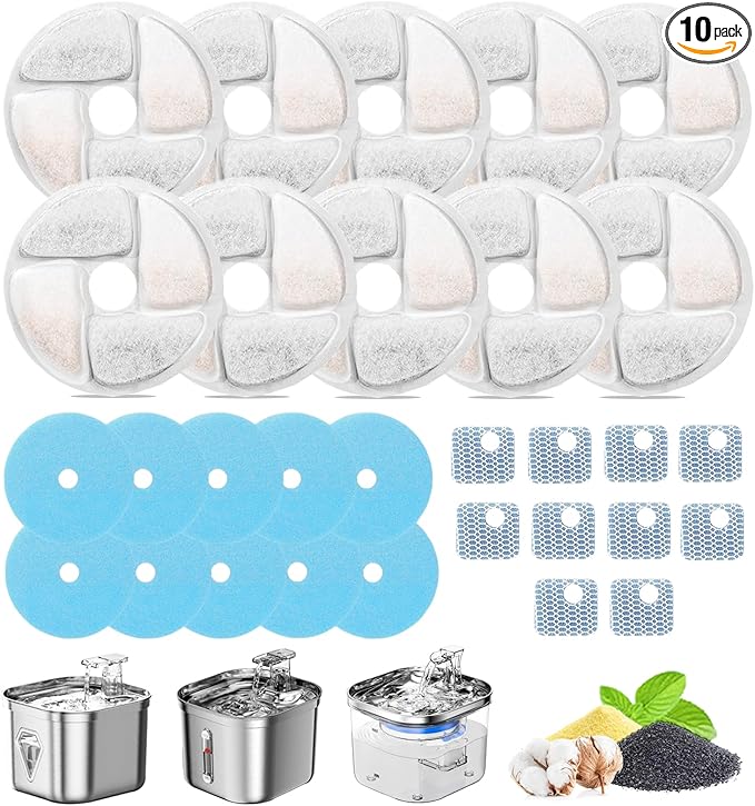 Cat Water Fountain Filter,Cat Fountain Filters Replacement for Square 2.2L/73oz Stainless Steel Pet Water Fountain,10 Pack Pet Fountain Filter Replacement