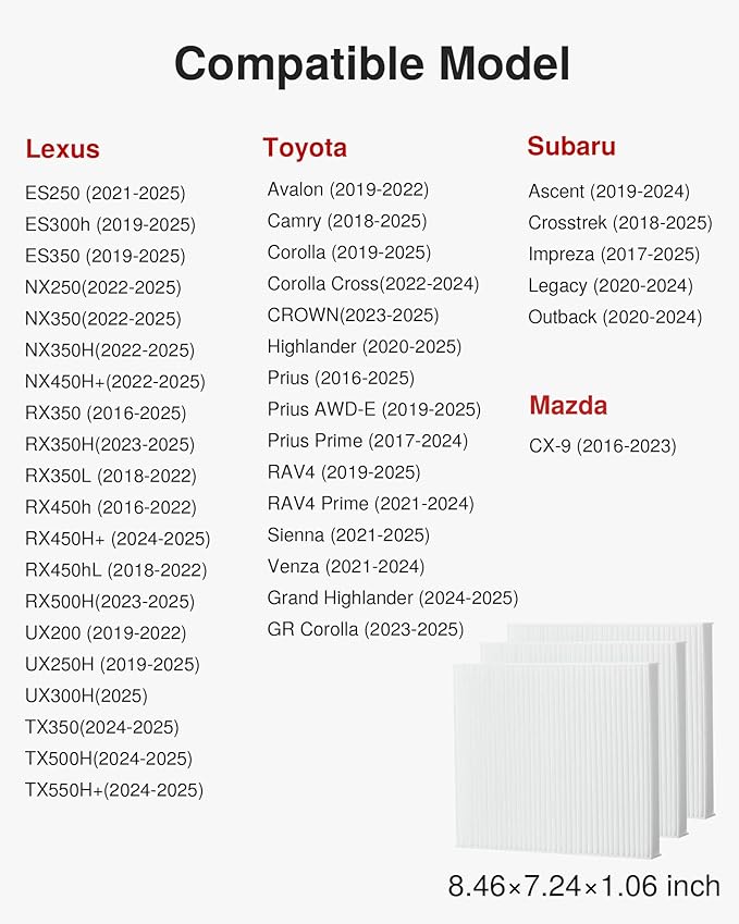 Puroma Cabin Air Filter, Replacement for CP157, CF12157, Compatible with Subaru, Toyota Camry, RAV4, Highlander, Corolla, Sienna, Pruis, Venza and Avalon, Lexus, Mazda
